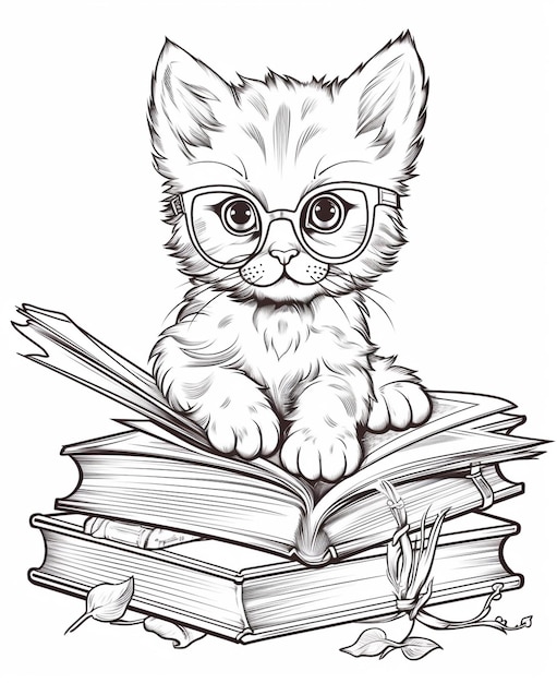 Gattino carino con gli occhiali seduto su una pila di libri Illustrazione vettoriale