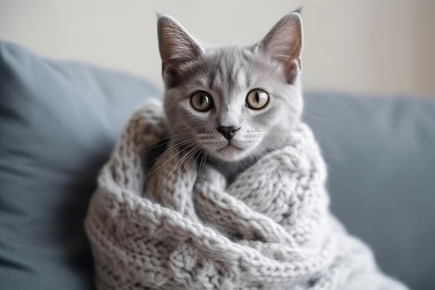 Gattino carino con sciarpa seduto sul divano grigio