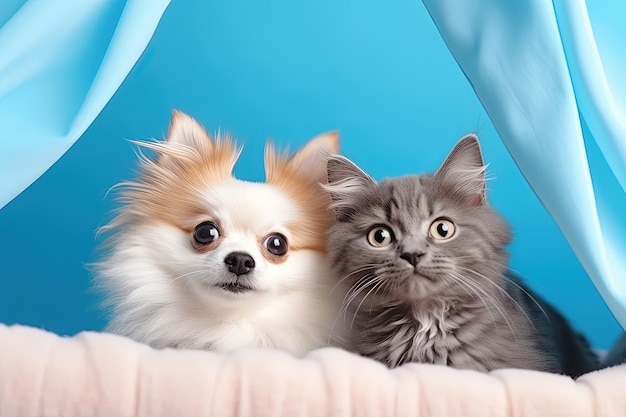 Gattino carino e cane felice con grandi occhi su sfondo blu Gatto birichino e cucciolo di spitz di Pomerania com