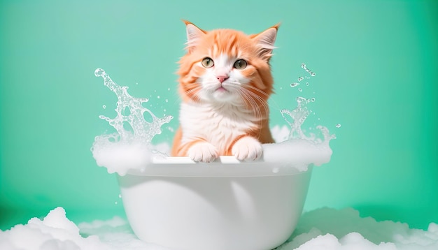 Gattino carino in un bagno con schiuma IA generativa