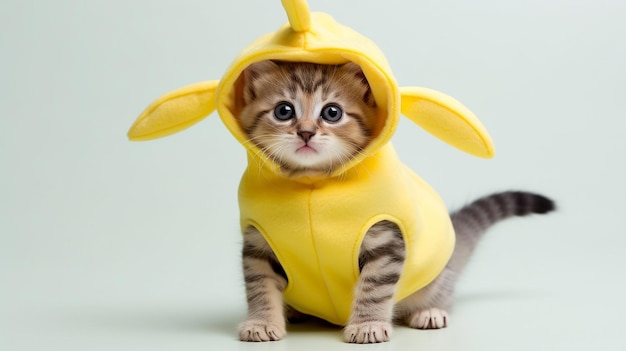 Gattino carino in un costume di banana Gattino in stile banana Adorabile Felina di frutta