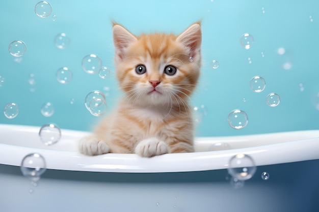Gattino carino nella vasca da bagno su sfondo blu con bolle di sapone