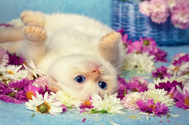 Foto gattino carino sdraiato sulla schiena tra i fiori