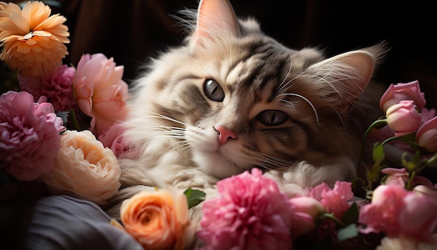 Gattino carino seduto guardando il fiore rosa in vaso verde generato dall'intelligenza artificiale