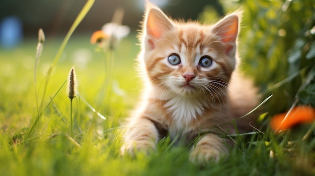gattino carino seduto sull'erba verde fissando la fotocamera