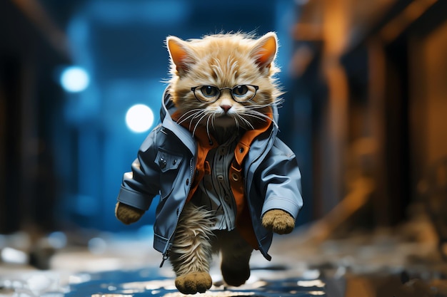gattino che cammina sotto la pioggia per strada Immagine generata dall'intelligenza artificiale