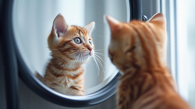gattino che si guarda nello specchio concetto di fiducia in se stessi o insicurezza