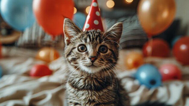 Gattino con il cappello da festa sul letto