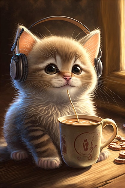 Gattino con le cuffie seduto accanto a una tazza di caffè generativo ai