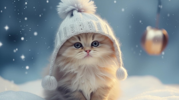 Gattino con un cappello invernale su uno sfondo blu con fiocchi di neve Concetto di biglietto di auguri invernali