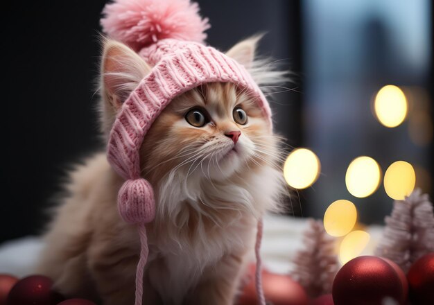 Gattino con un cappello rosa con fessure per le orecchie sullo sfondo di un albero di Natale