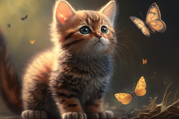 Gattino curioso con un sorriso giocoso che guarda una farfalla svolazzare