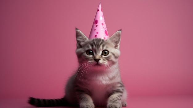 Gattino di sfondo rosa con cappello di compleanno in primo piano