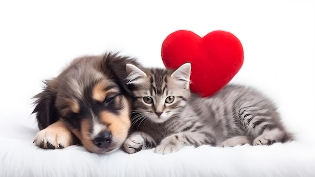 gattino e cucciolo che dormono su sfondo bianco con il giocattolo cuore rosso