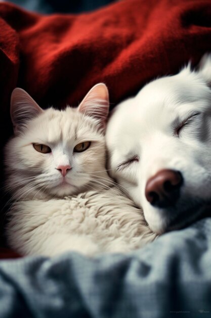 Gattino e cucciolo dormono nel letto animale AI generativo