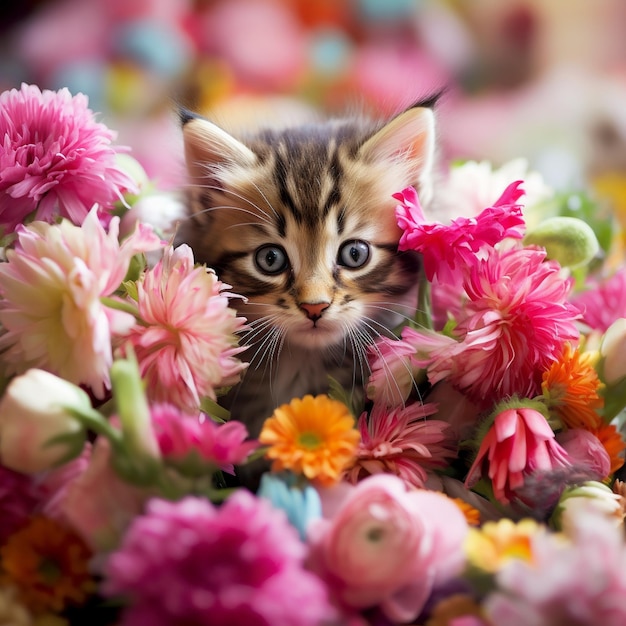 Gattino gatto che spunta da dietro un colorato bouquet di fiori espressione curiosa sul suo volto