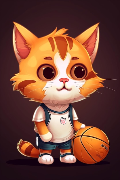 Gattino Ginger in uniforme da baketball con una palla su sfondo nero AI Generato