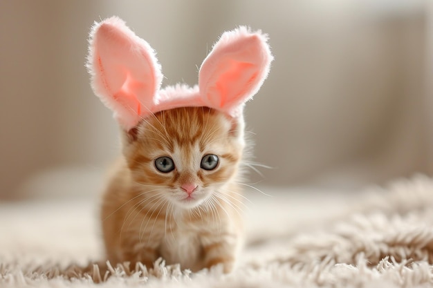Gattino giocoso di Purrfection che indossa le orecchie di coniglio giocattolo