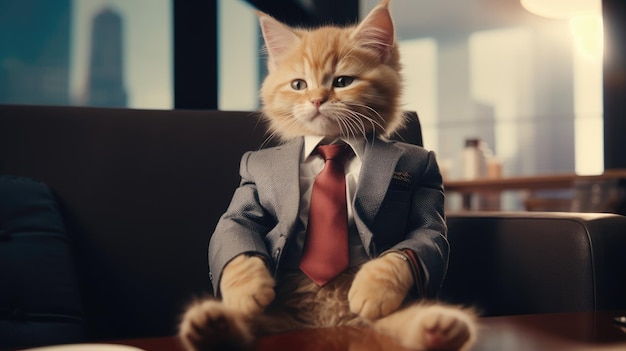 Gattino in abito che funge da amministratore delegato in un ambiente aziendale