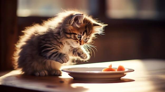 gattino lanuginoso che mangia dal piattino sulla tavola di legno all'interno