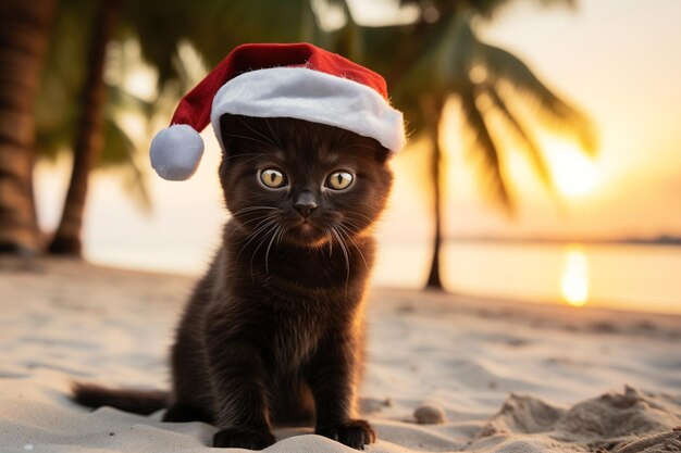 gattino nero in un cappello di Babbo Natale su una spiaggia tropicale