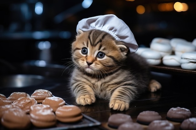 Gattino o gatto giovane con cappello da chef o cappello da cuoco su un piano di lavoro in una panetteria o in cucina