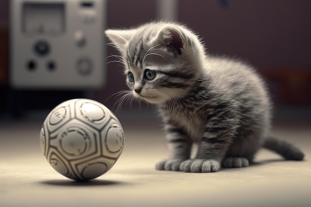 Gattino robotico che gioca con la palla giocattolo i suoi movimenti precisi e agili