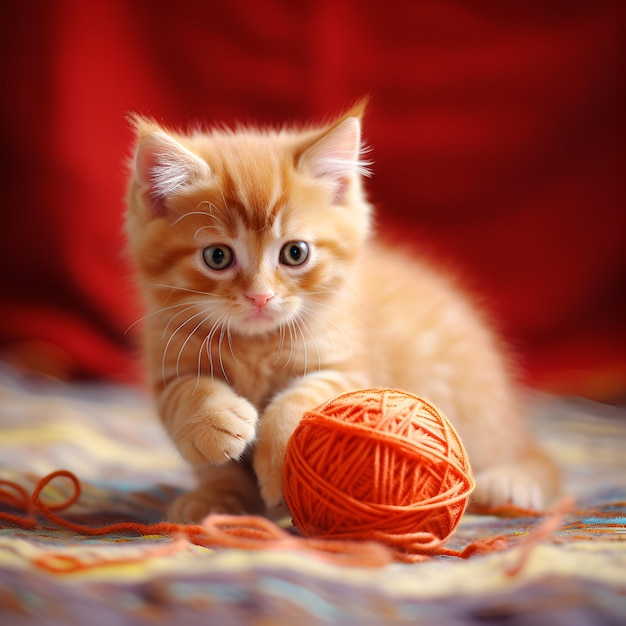 Gattino rosso con una palla di fili