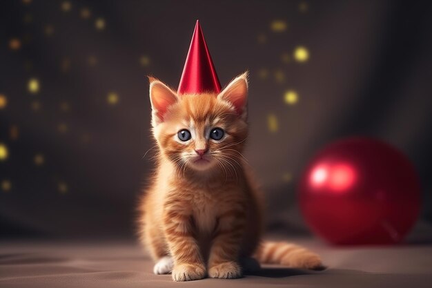 Gattino rosso divertente in cappello di compleanno IA generativa