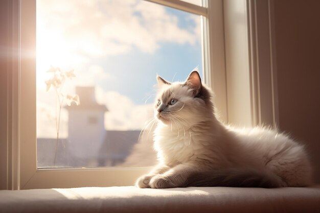 Gattino siamese di 2 mesi su un grande divano bianco vicino alla finestra