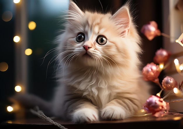 Gattino sullo sfondo di ghirlande di Natale e bokeh
