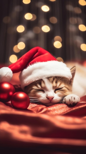 Gattino sveglio che dorme in cappello della santa sul fondo del letto Bokeh