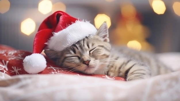 Gattino sveglio che dorme in cappello della santa sul fondo del letto Bokeh