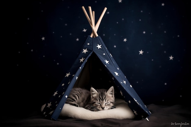 Gattino sveglio che dorme in piccola tenda