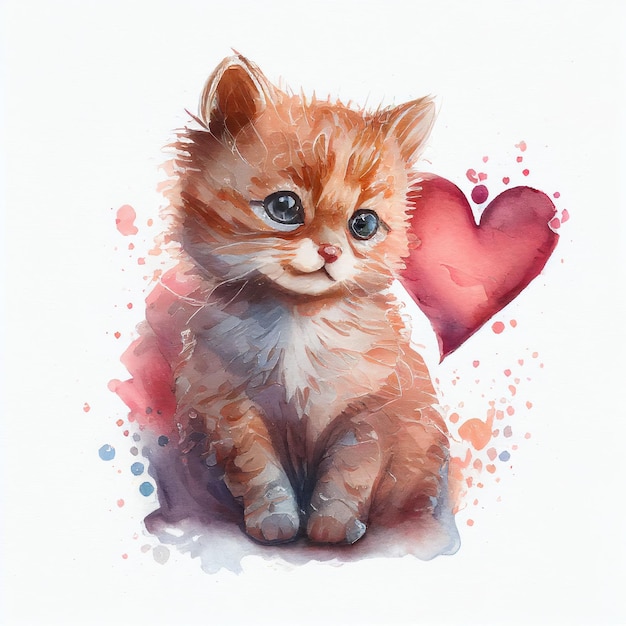 Gattino sveglio dell'acquerello con un cuore Generative AI di San Valentino
