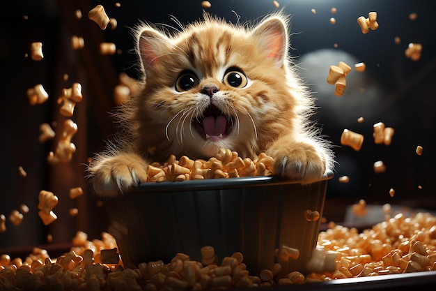 Gattino sveglio dello zenzero che mangia popcorn dalla ciotola su fondo scuro