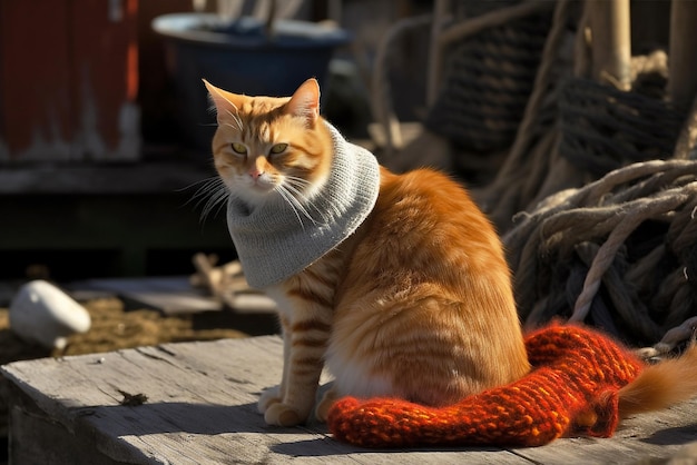 Gattino zenzero in maglione lavorato a maglia grosso seduto su una barca IA generativa