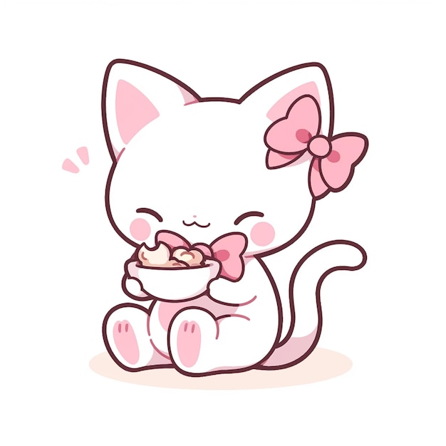 gatto a cartone animato che mangia un pezzo di torta con un arco rosa generativo ai