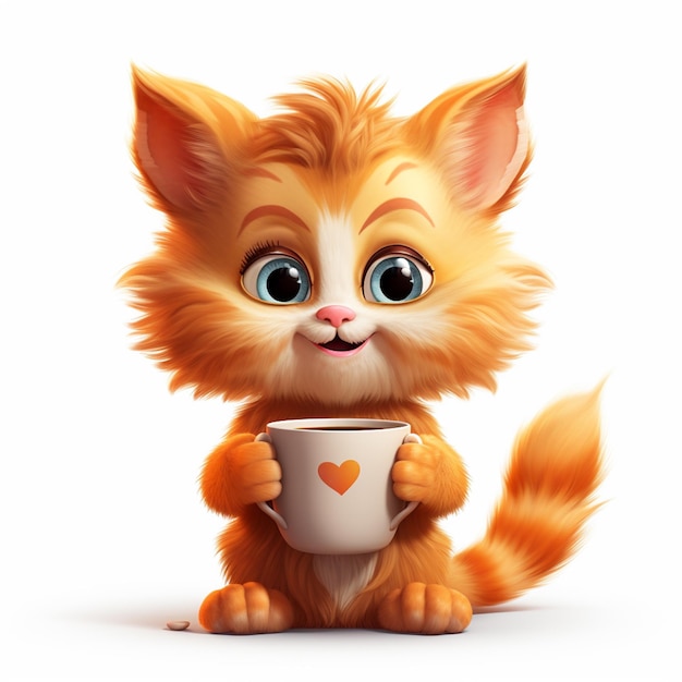 gatto a cartone animato che tiene una tazza di caffè con un cuore su di essa