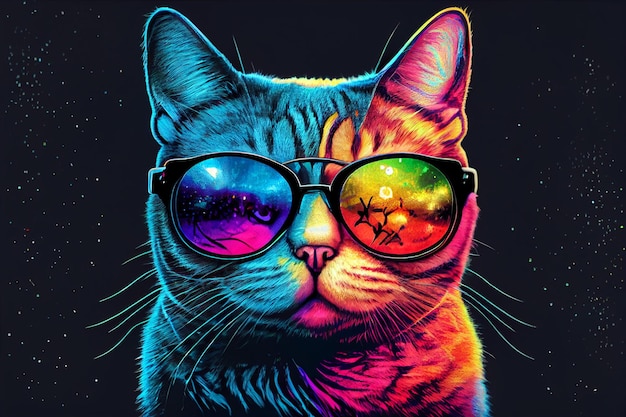 Gatto acido colorato nell'illustrazione degli occhiali da sole