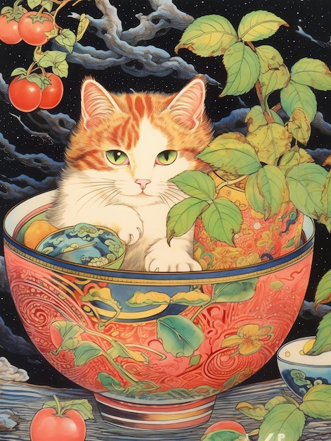 Gatto affascinante e una tazza di tè anime arte colori vivaci stile giapponese Ramen gatto fiori di ciliegio