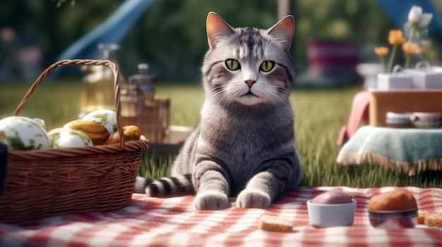 gatto all'interno di un picnic in giardino Gatto grigio dritto scozzese con guinzaglio in una giornata soleggiata