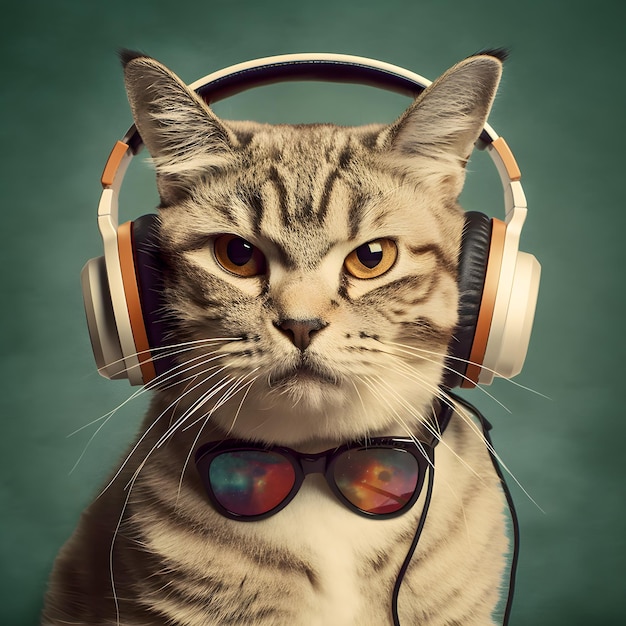 Gatto alla moda che indossa le cuffie musica luci al neon gatto antropomorfo