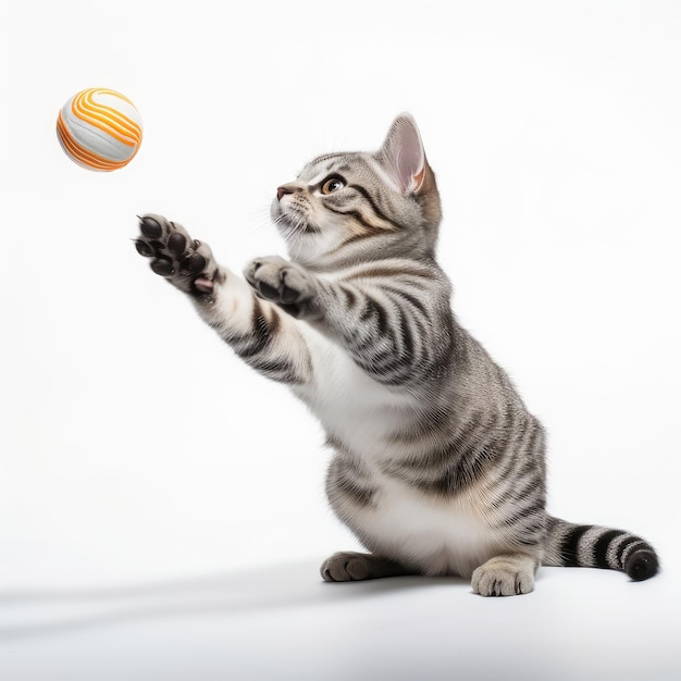 Gatto americano a pelo corto in piedi sulle zampe posteriori e che gioca a palla isolato sullo sfondo bianco Fro