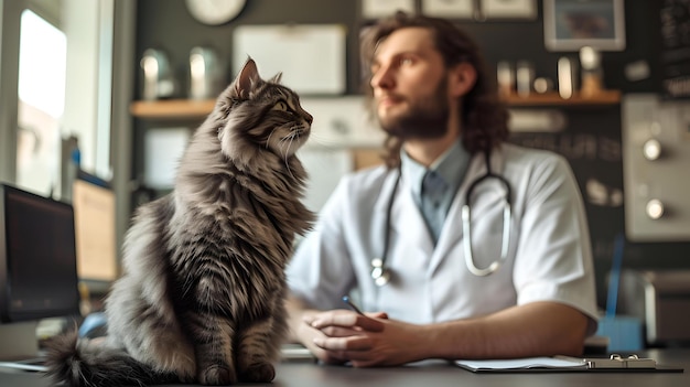 Gatto amichevole seduto su un tavolo di veterinario durante la consultazione caldo e premuroso assistenza sanitaria per animali domestici scena casuale di clinica veterinaria AI