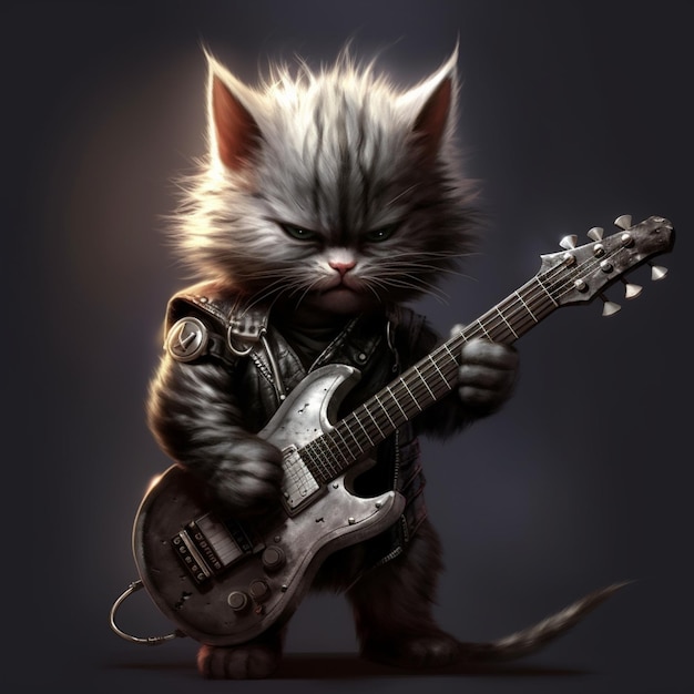 gatto arafed che suona la chitarra e indossa una giacca di pelle generativa ai