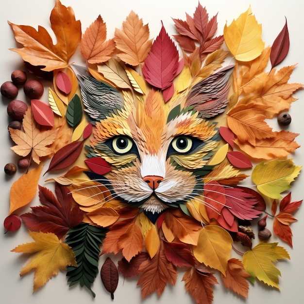 gatto arafed fatto di foglie e ghiande con una faccia fatta di foglie generative ai