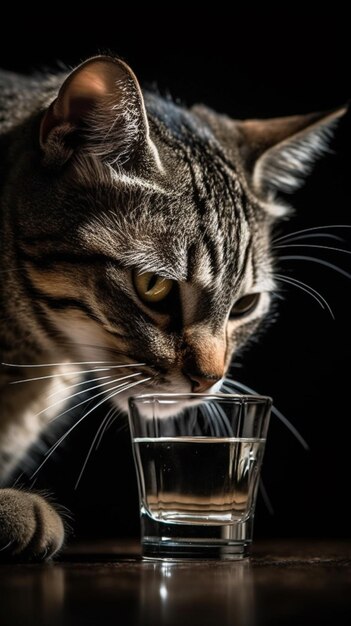 gatto araffe che beve acqua da un bicchiere su un tavolo ai generativa