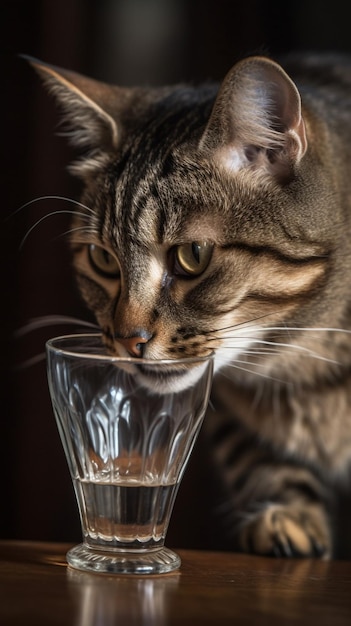 gatto araffe che beve acqua da un bicchiere su un tavolo ai generativa