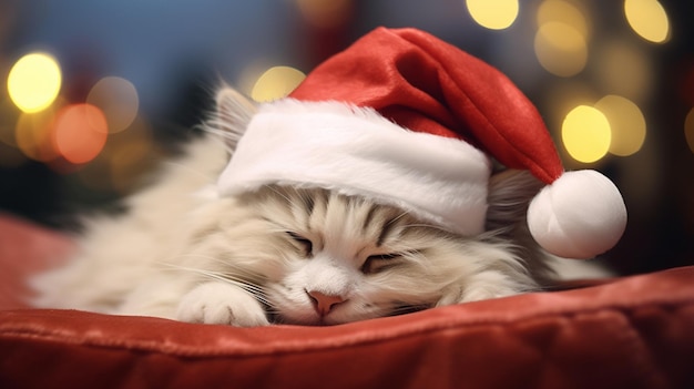 Gatto Araffe che indossa un cappello da Babbo Natale che dorme su un cuscino rosso ai generativo